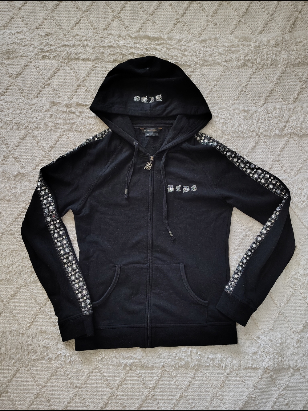 Vintage BCBG Maxazria Black Rhinestone-Trim Zip Hoodie